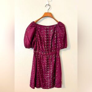Lauren Moffat Deep Purple and Green Silk Cinched Waist Dress with Puff Sleeves